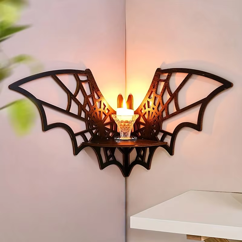 Étagères d'angle en bois pour chauve-souris, étagères murales flottantes, présentoir de bijoux gothi