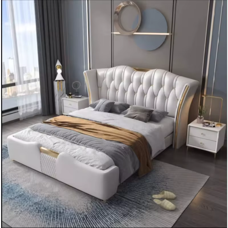 Lit de rangement king size moderne au design italien avec cadre en bois massif et revêtement en cuir