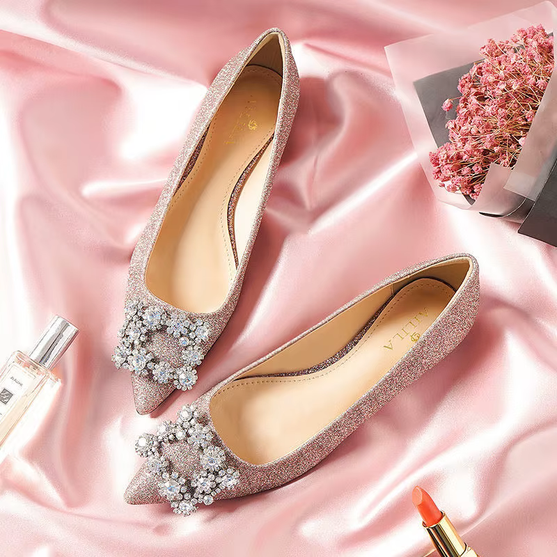 Mocassins à enfiler peu profonds scintillants pour femmes, chaussures de mariage, carré, cristal, po