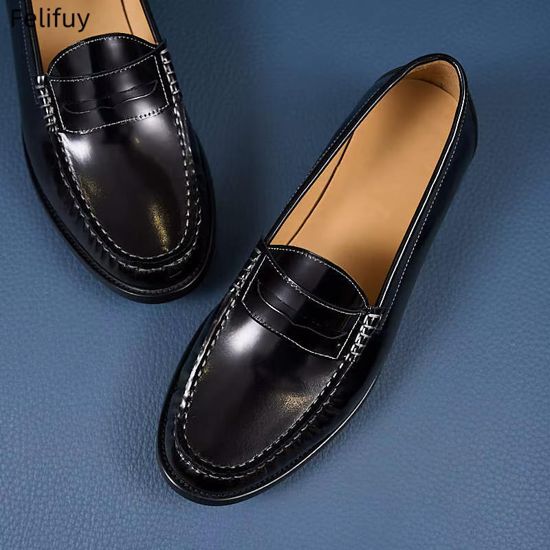 Mocassins noirs en cuir véritable pour hommes, chaussures plates rétro de style britannique, chaussu