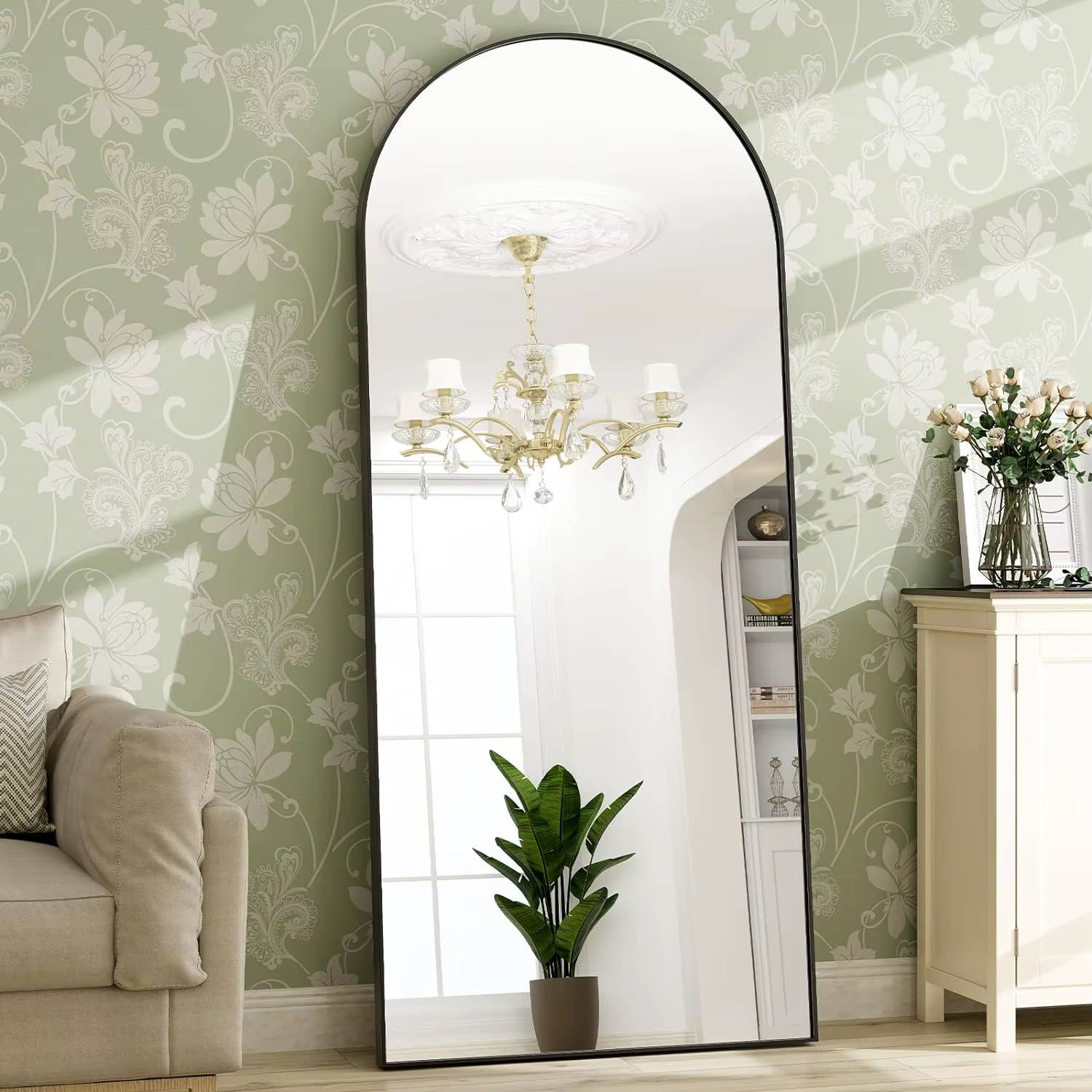 Miroir pleine longueur arqué sur pied, miroir Leautobloquant, cadre en aluminium, décoration d'intér