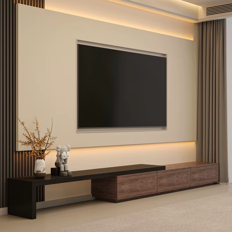 Meuble TV rétractable pour salon, en bois, design simple, noir, style moderne vintage, mobilier pour