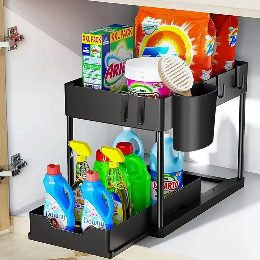 Organisateur d'évier de cuisine multifonction à 2 niveaux, panier d'armoire coulissant avec crochets