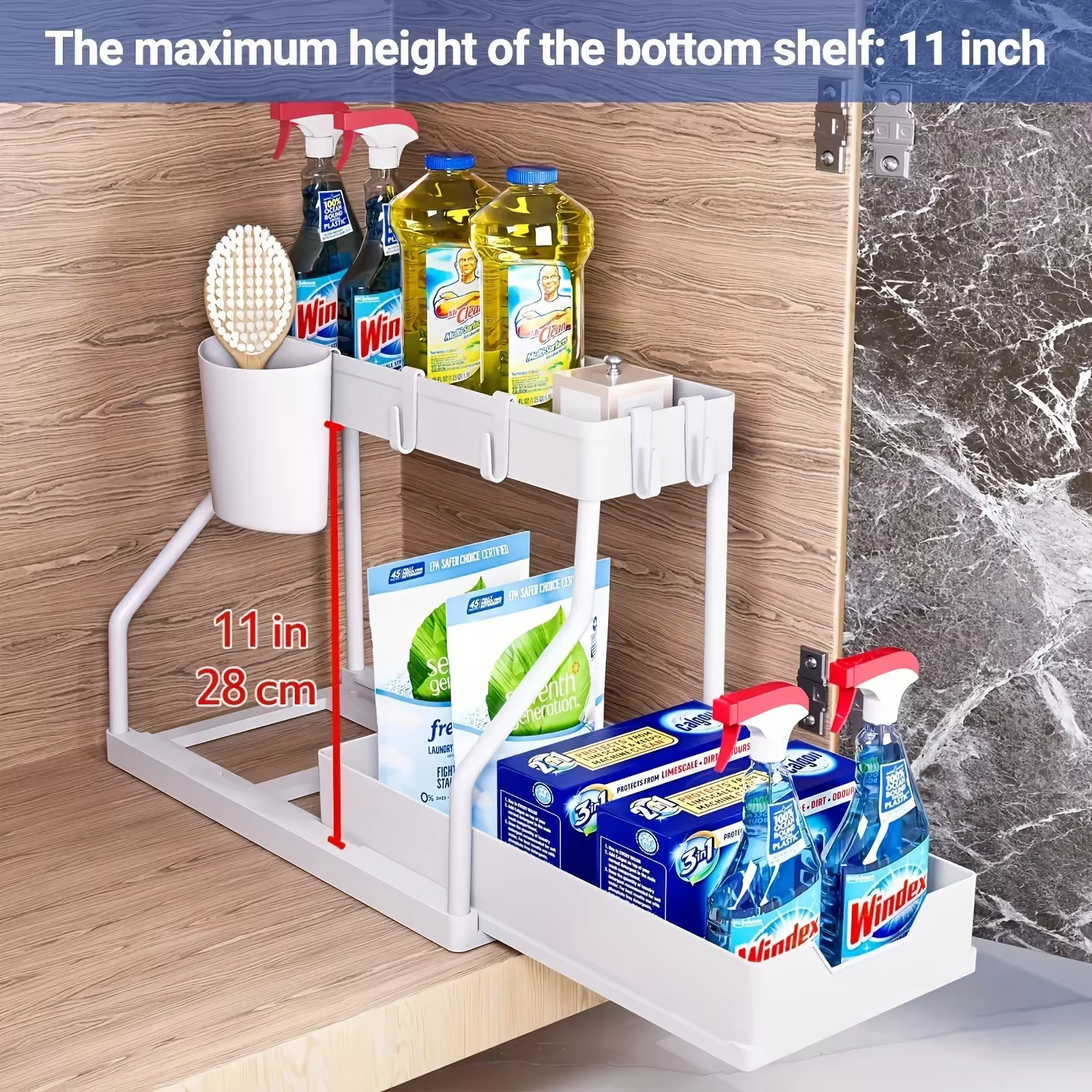 Organisateur coulissant sous l'évier, 2 niveaux, pour armoire de salle de bain, tiroir de rangement,