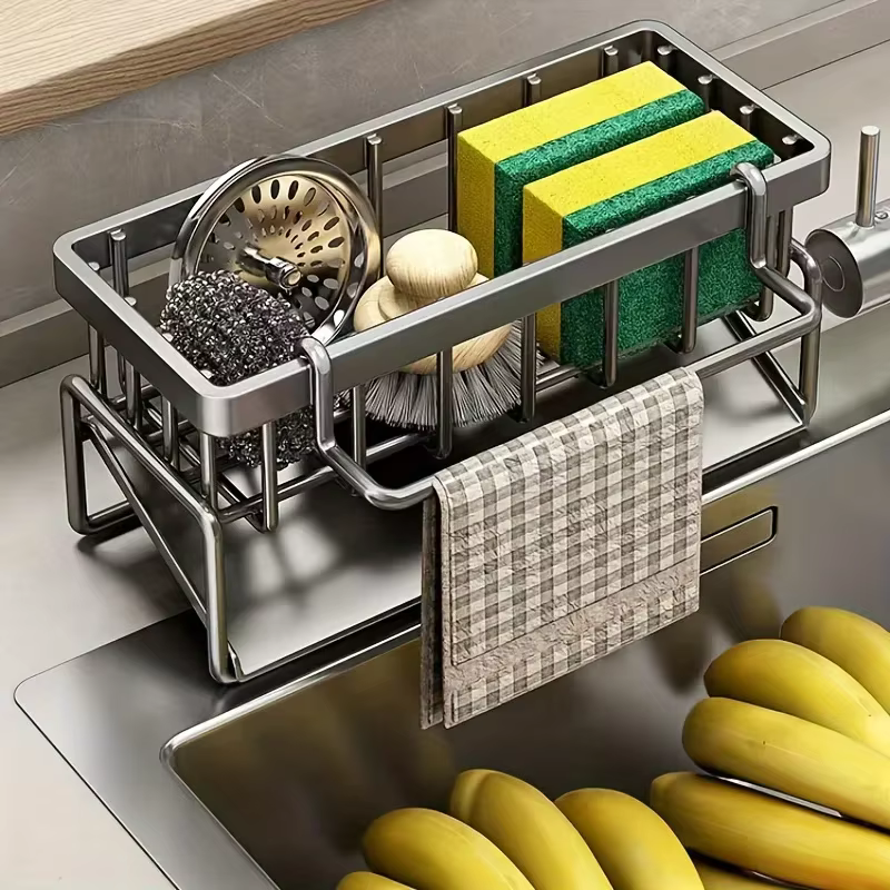 Porte-éponge pour évier de cuisine, organisateur d'évier de cuisine à vidange automatique en plastiq