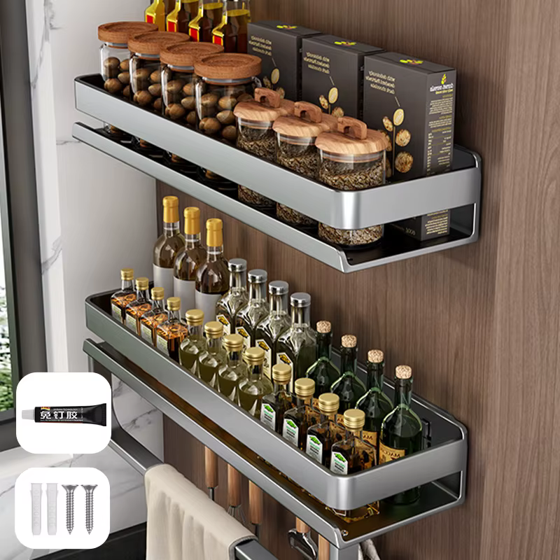 Organisateur de cuisine mural en acier inoxydable, étagère à épices, rangement à plusieurs niveaux p