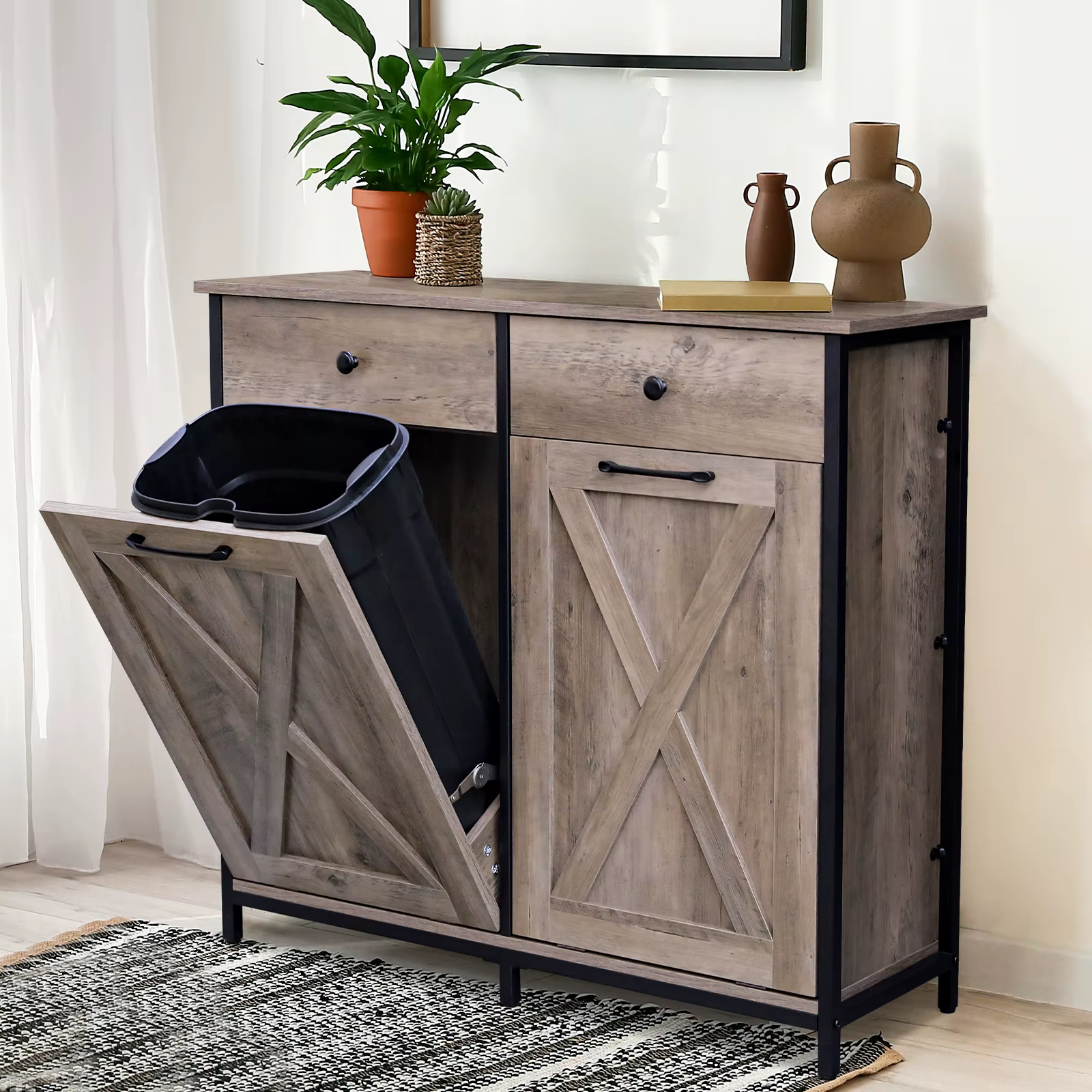 AOOU-Armoire poubelle à double inclinaison, armoire de bungalow en bois de cuisine, porte-poubelle c