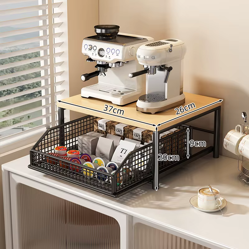 Étagère de rangement pour machine à café, tiroir coulissant, organisateur en fer et bois, étagère de