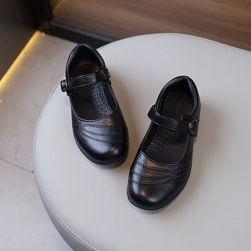 Chaussures en cuir pour enfants, printemps automne, noires, brodées, chaussures uniformes pour fille