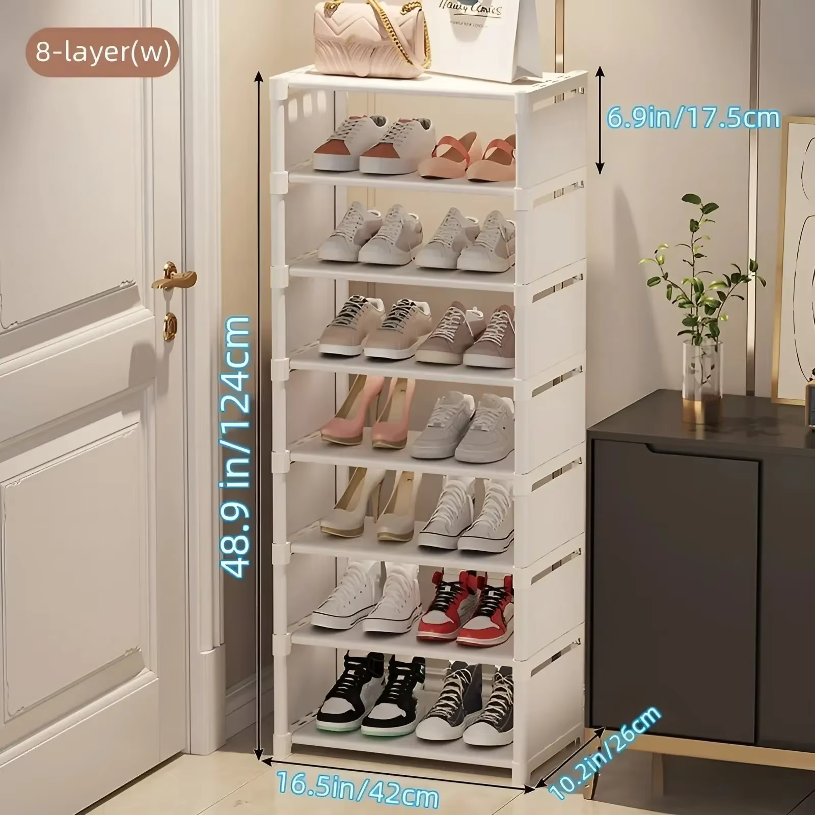 Organisateur de chaussures blanc à 8 niveaux, structure métallique robuste et intercalaire en tissu,