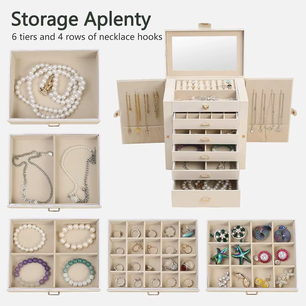 Grande boîte à bijoux pour femmes, organiseur de bijoux en cuir avec miroir et serrure, boîte de ran