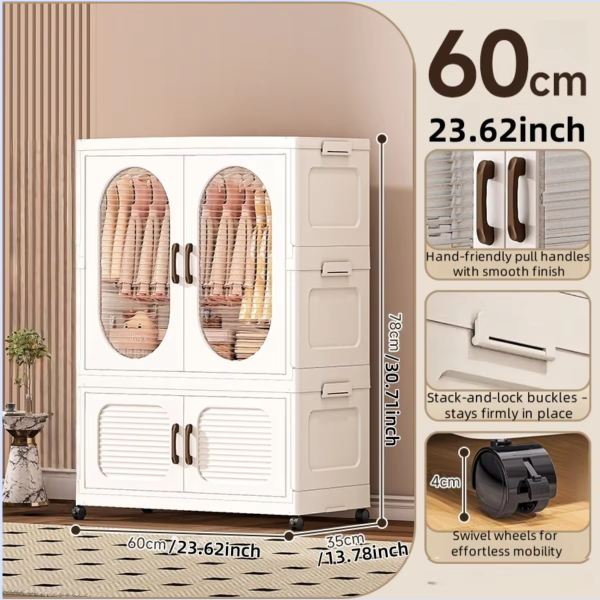 Armoire pliable à double porte de 60 cm avec roulettes – Rangement à fermeture magnétique de grande 