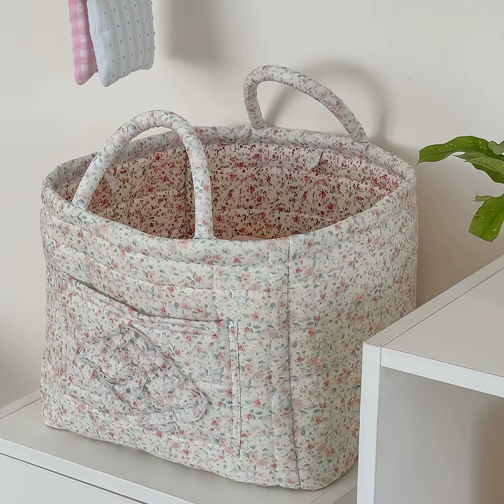 Panier de rangement Airfriend vintage à motif floral avec poignée, pliable et matelassé, pour la mai