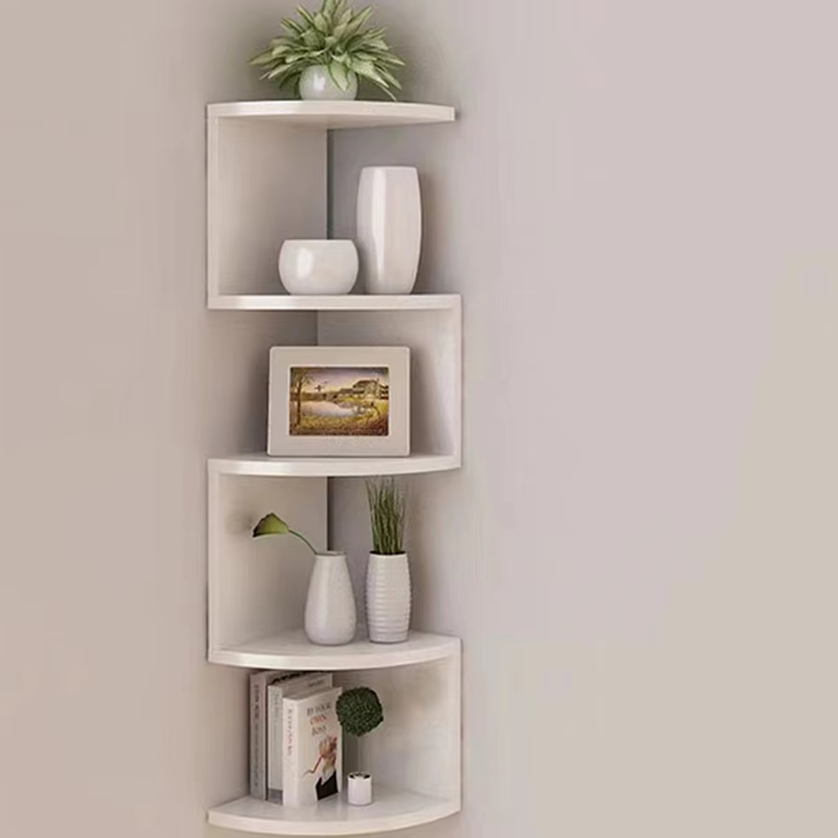 Étagère d'angle à 5 niveaux en bois clair, organisateur mural flottant en bois et PVC, décoration in