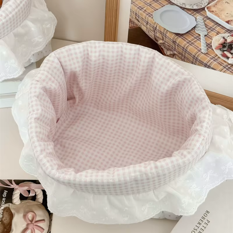 Nouveau panier de rangement à pois et volants rose bonbon, organiseur de bureau pour collations, pet