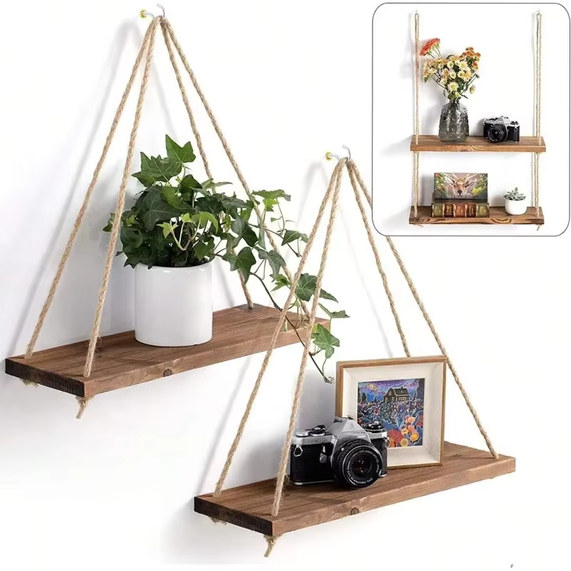 Étagère murale suspendue en bois avec corde de chanvre, plateau flottant pour plantes et pots de fle