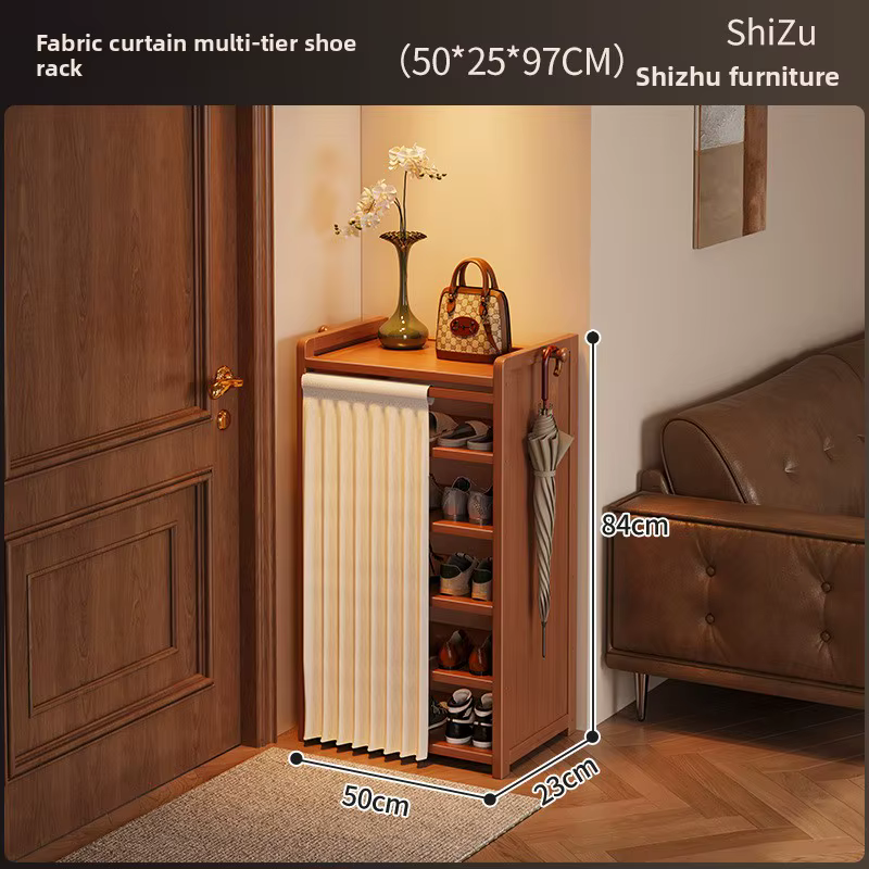 Armoire à chaussures en bambou, étagère de rangement avec rideau en tissu anti-poussière, étagère à 