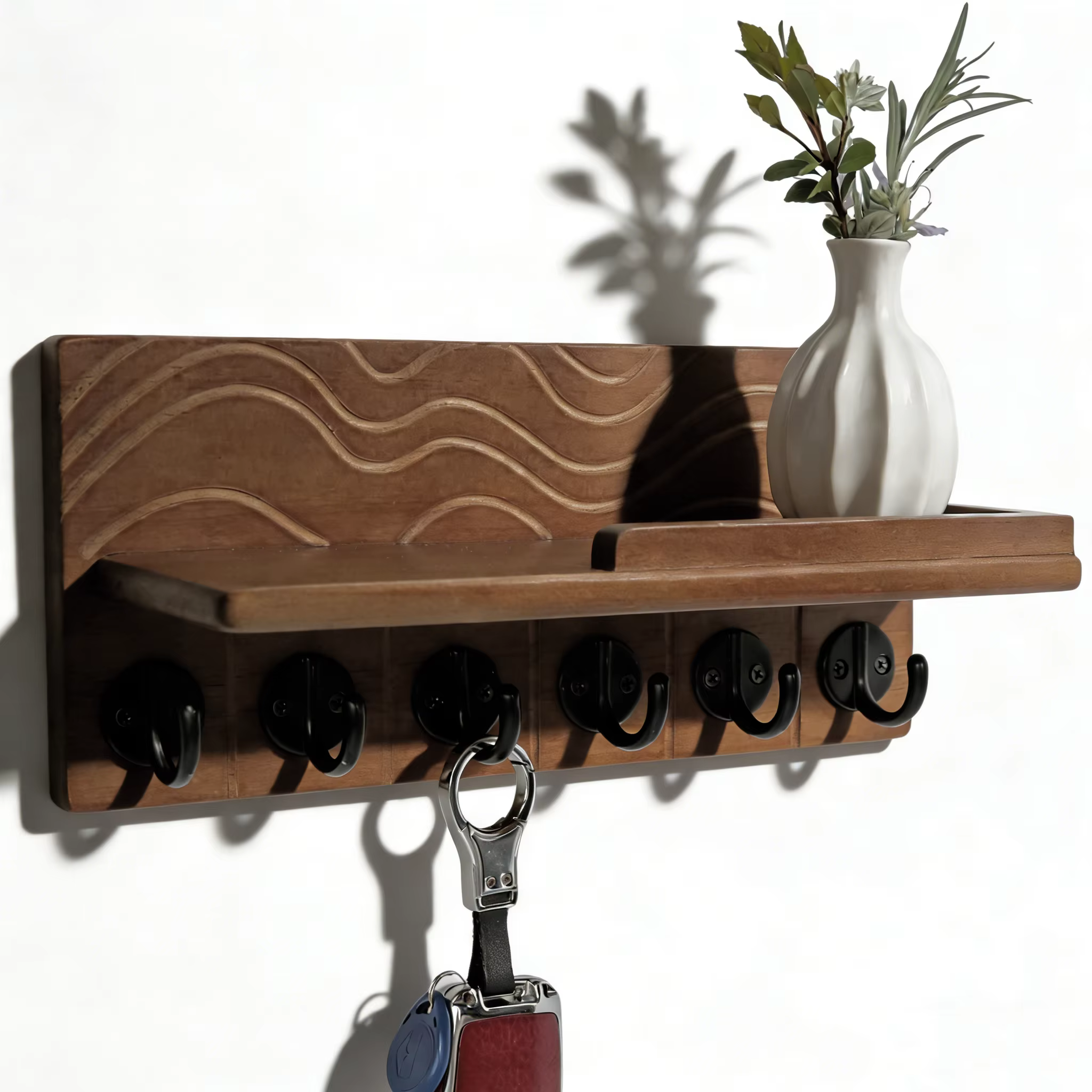 Porte-clés mural décoratif - en bois de pin massif avec 6 crochets et étagère de rangement ultra pro