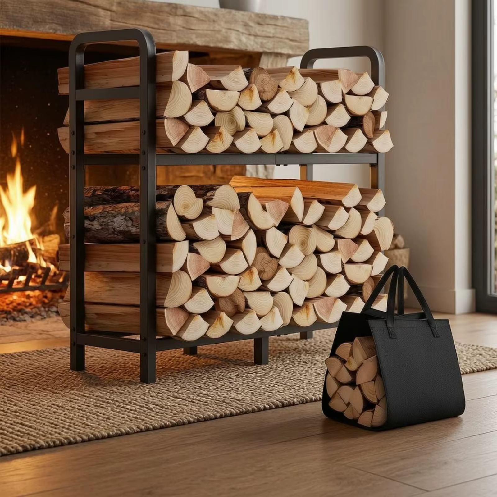 Support de rangement pour bûches en acier noir, à cadre apparent, à deux niveaux, pour bois de chauf