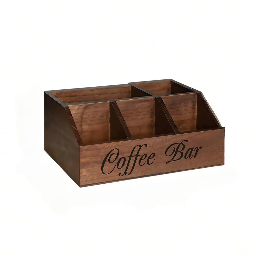 Organisateur de bar à café en bois avec 5 compartiments, boîte de rangement rustique pour comptoir, 