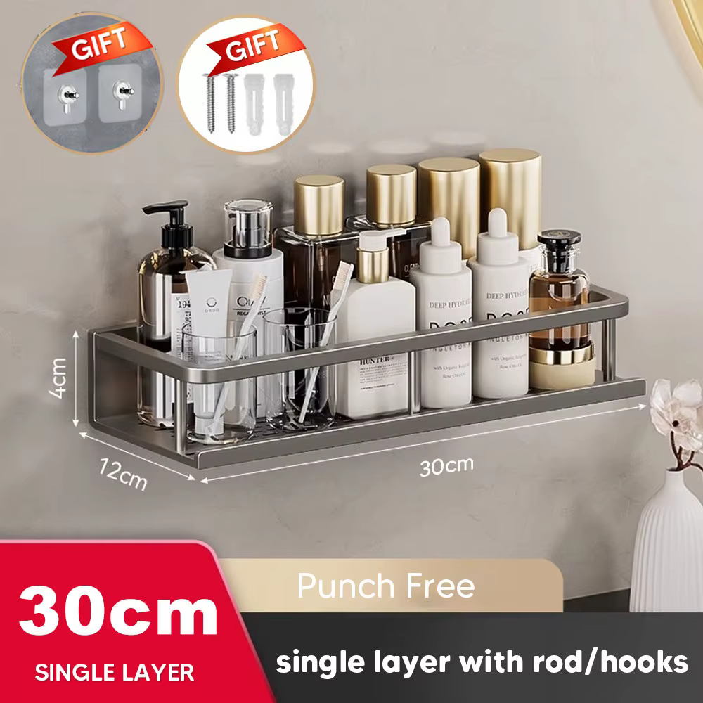 Organisateur de douche en aluminium, étagère de salle de bain sans perçage, étagère de rangement mur