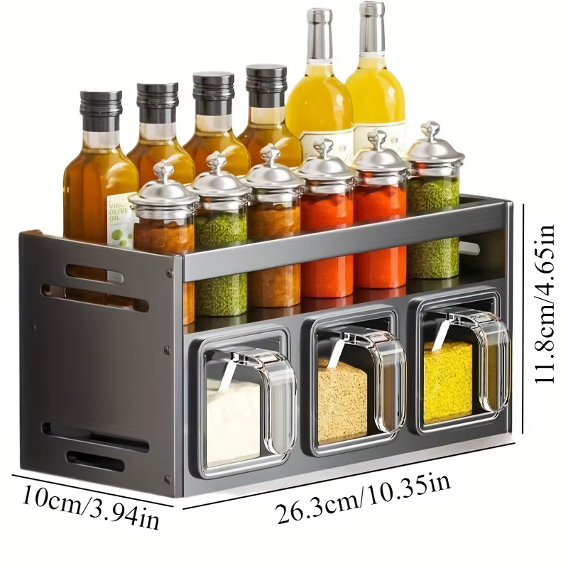 Ensemble de rangement mural pour épices de cuisine, sans perçage, avec récipients et distributeurs s
