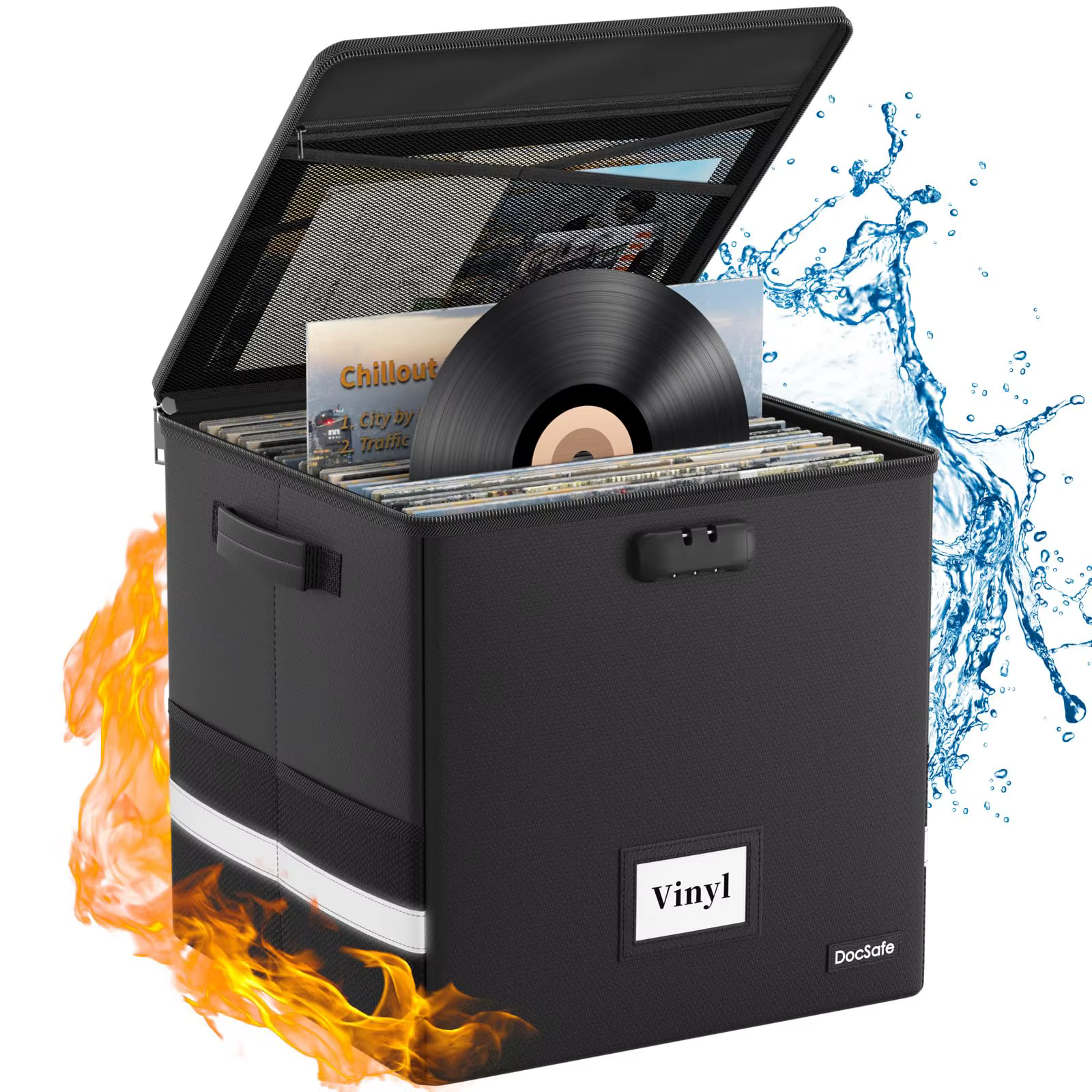 Boîte de rangement pour disques vinyles avec serrure, boîte de rangement pliable ignifuge et à l'eau