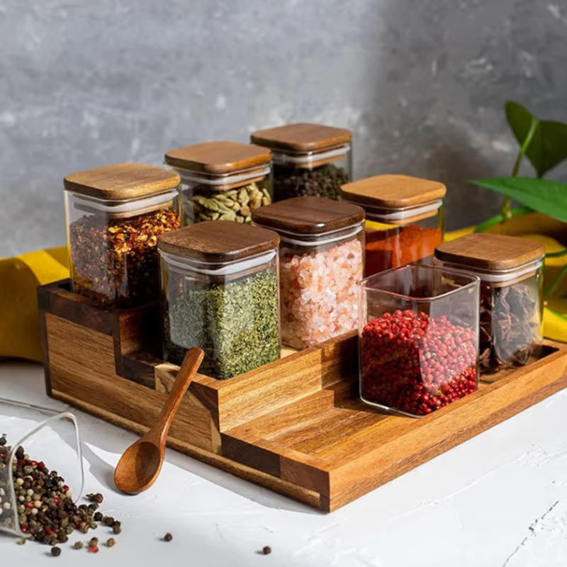 Étagère à Épices en Bois d'Acacia pour Comptoir - Plateau en Bois Organisateur d'Épices pour Rangeme