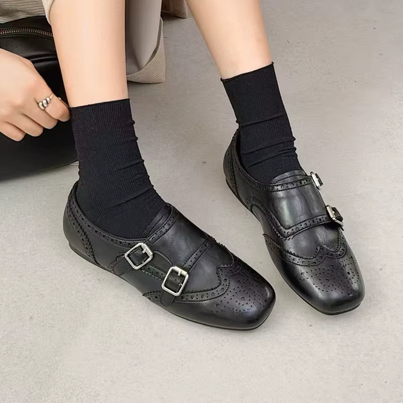Nouvelles Chaussures Brogues Femme 2026 à Boucle Métallique, Mocassins Plats à Double Boucle, Grande