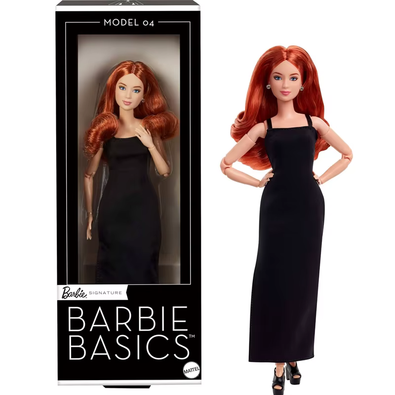 Poupée Barbie authentique, modèle Signature Basics 04, cheveux bouclés rouges, mini-robe noire, chau