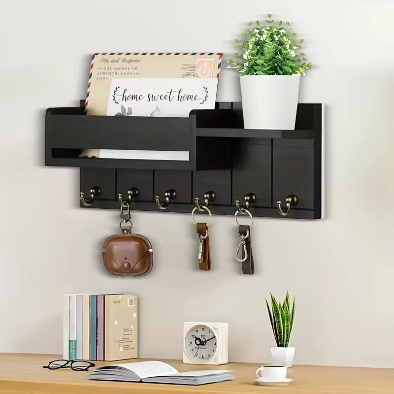 Support de rangement mural, support de rangement mural en bois avec 7 crochets, adapté aux boîtes po