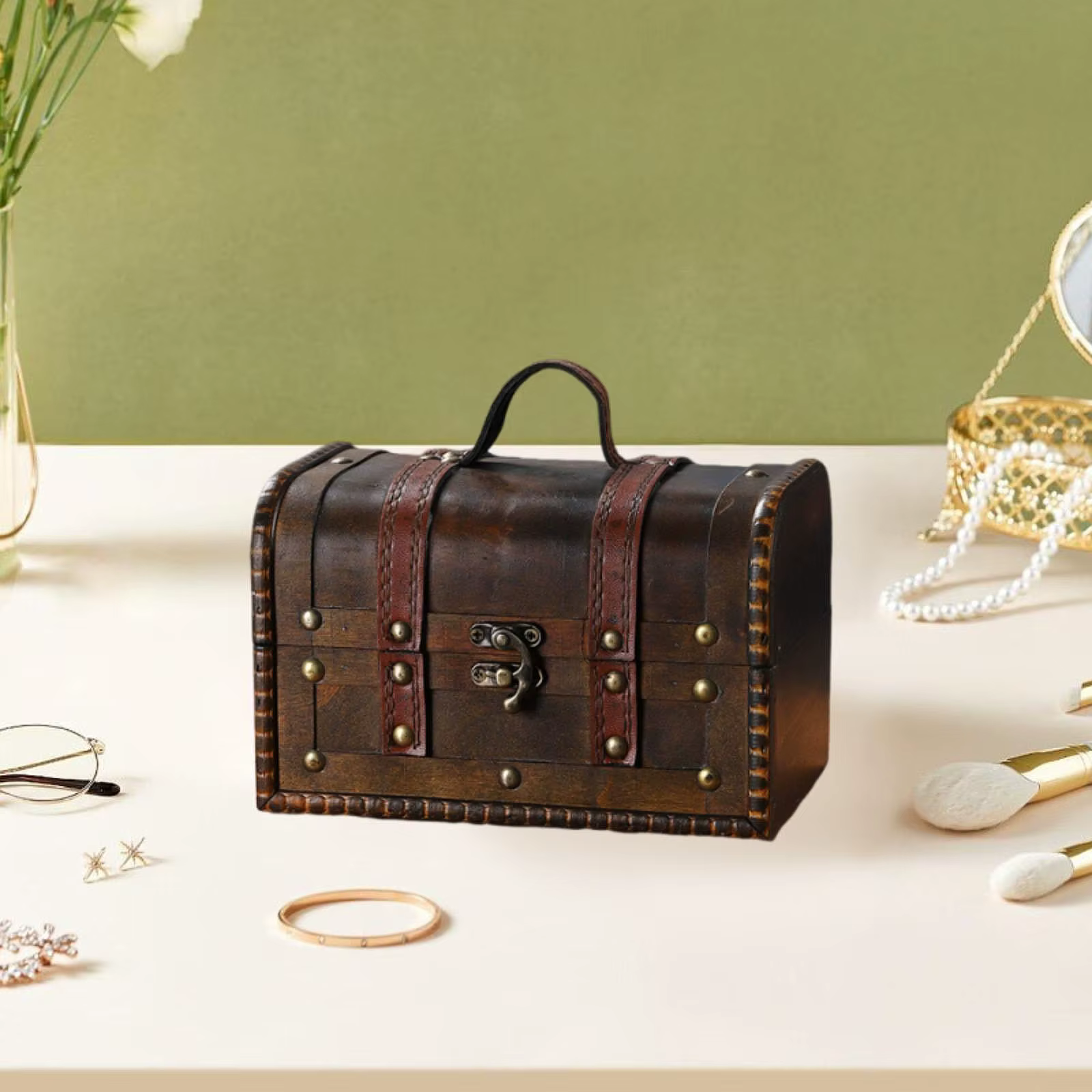 Boîte à bijoux en bois, organisateur d'anneaux d'ornement, coffre au trésor, rangement de bibelots p