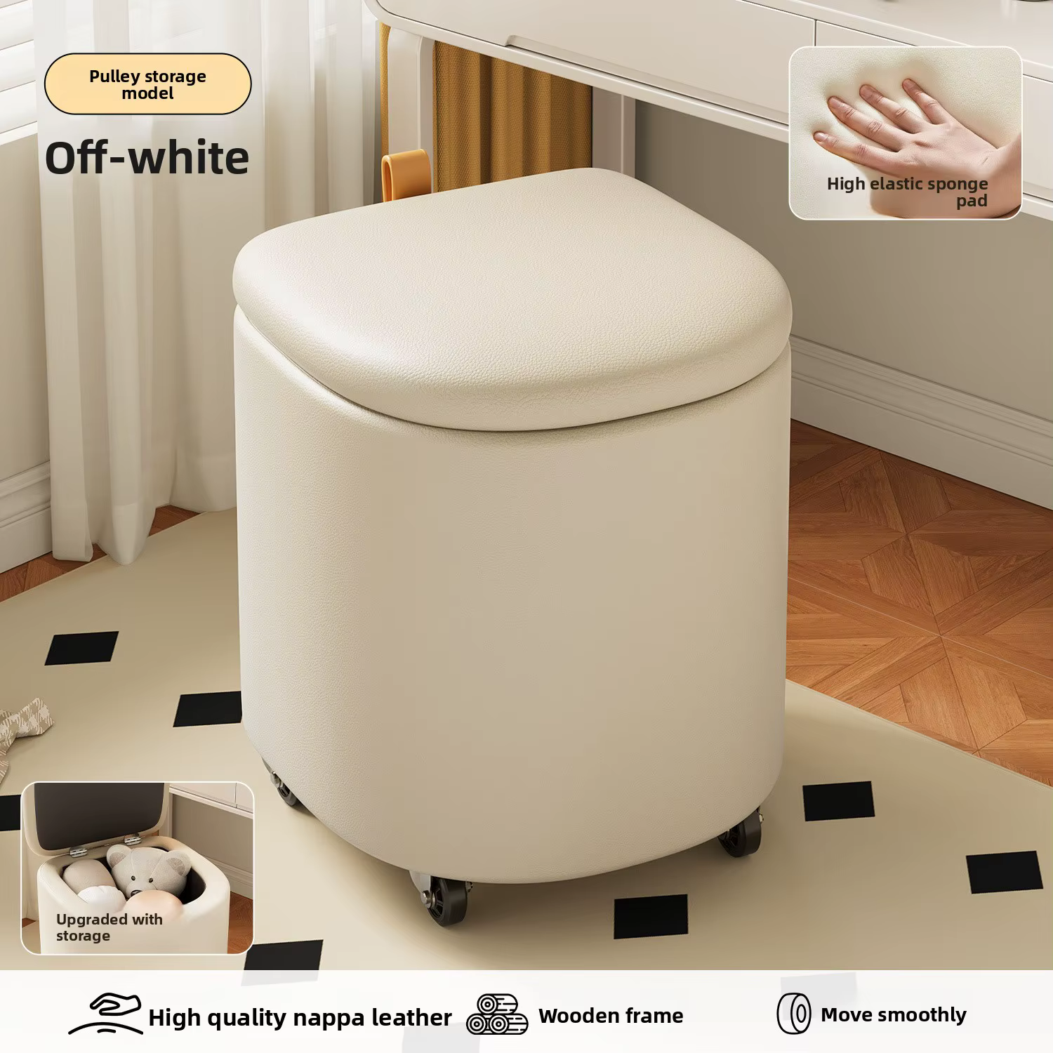 Banc de maquillage en cuir pour le rangement, banc à langer, banc à ongles à rouleau pour chambre de