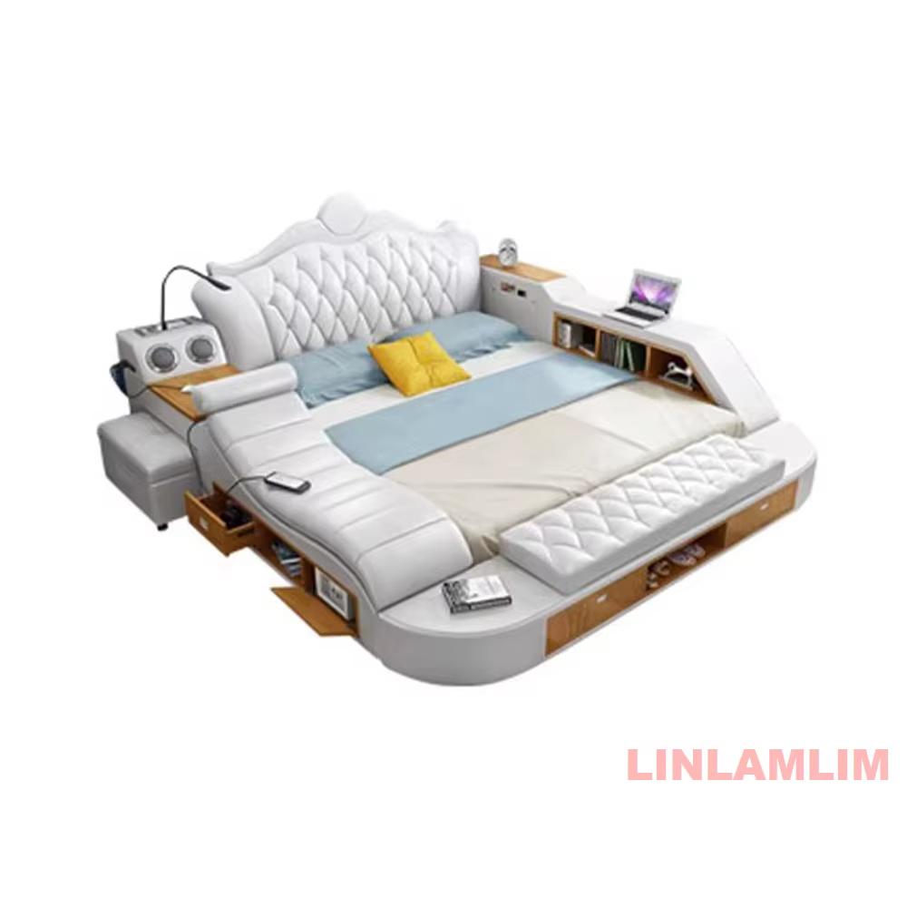 Lit de rangement moderne de luxe en cuir véritable, lit plateforme multifonctionnel intelligent et r