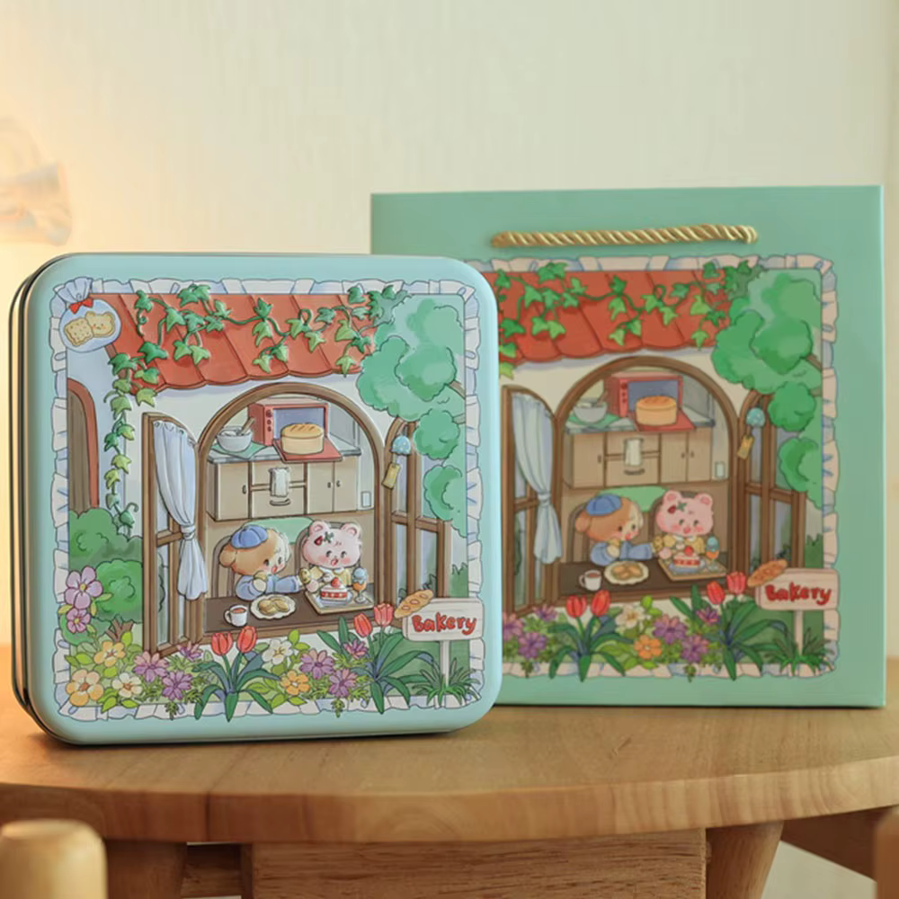 Boîte en fer de lapin de dessin animé multicolore 17*17*6cm, boîte de rangement en métal carrée avec