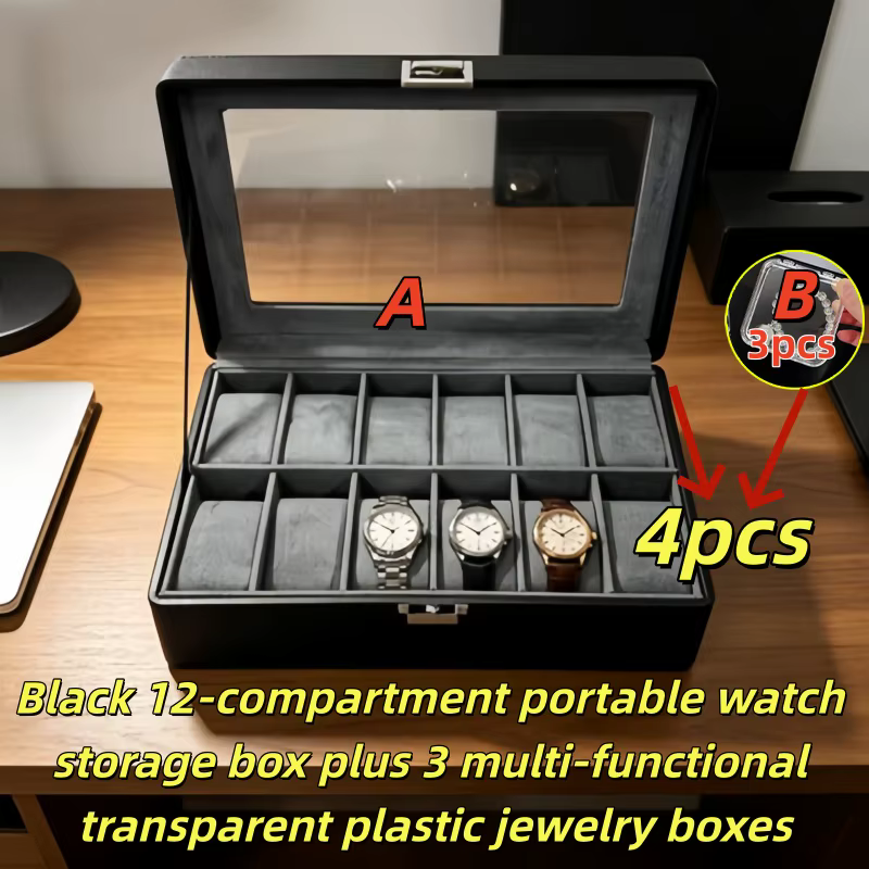 Boîte à montres en cuir de luxe à 12 emplacements avec serrure, ensemble de 4 présentoirs à montres 