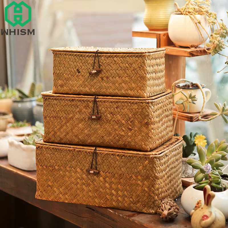 WHISM-Panier de rangement en osier tissé avec couvercle, boîte de rangement d'articles divers en rot