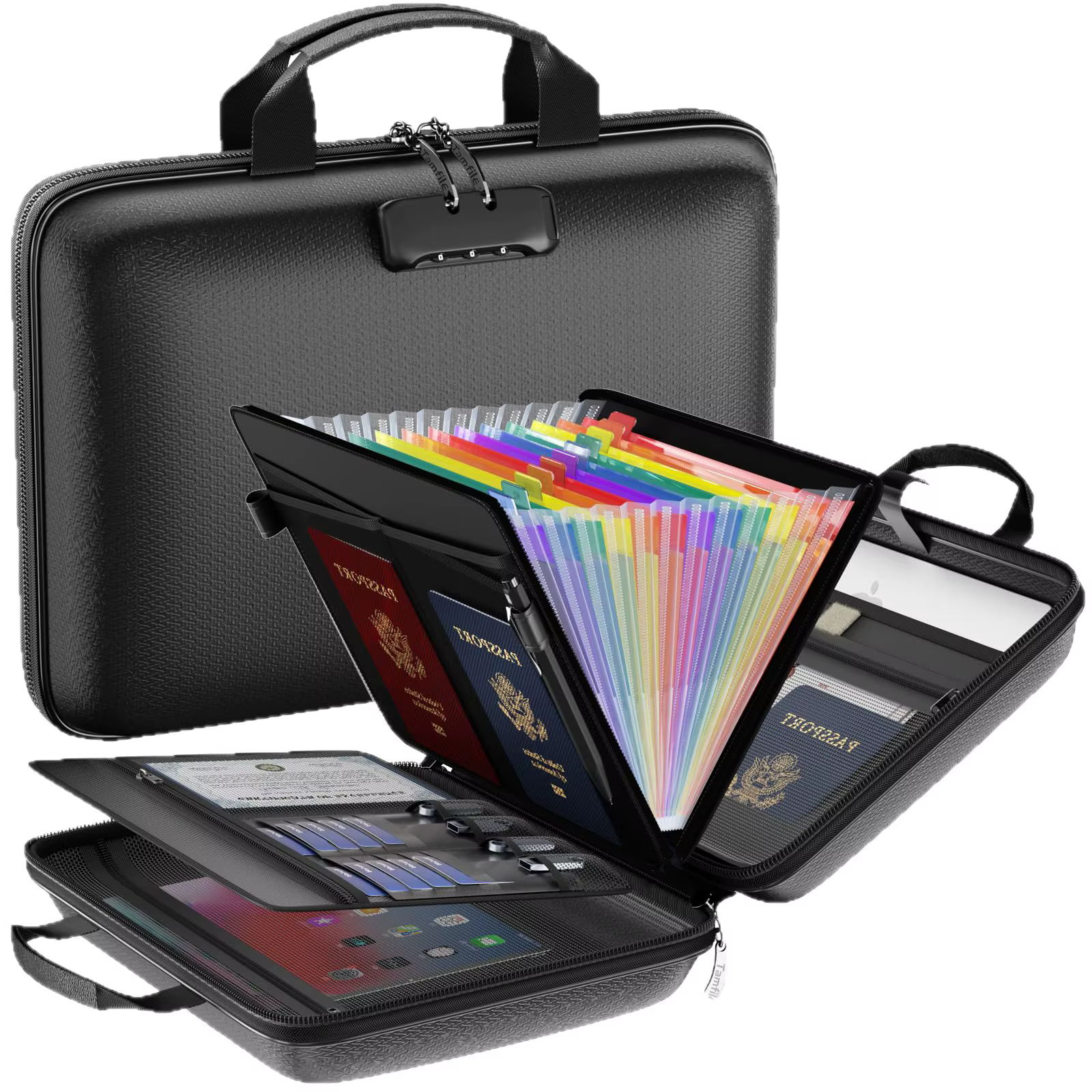 Boîte de rangement pour documents ignifuge, étui rigide avec serrure et 13 poches, stockage sécurisé