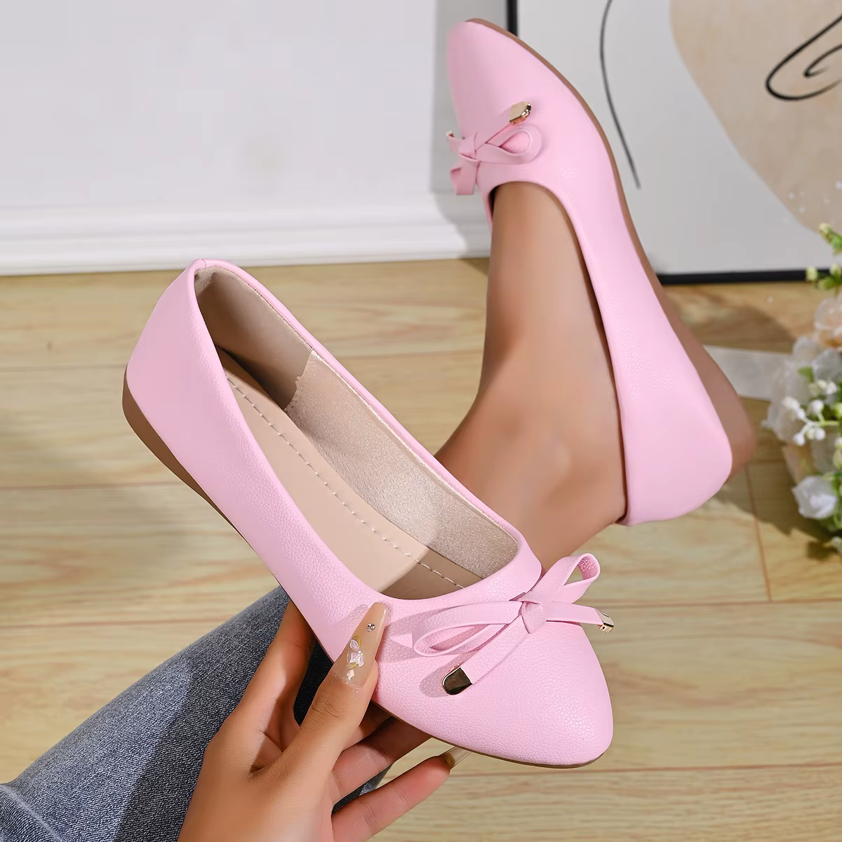 Chaussures en cuir à talon bas, confortables, à bout peu profond, avec nœud décoratif, semelle épais