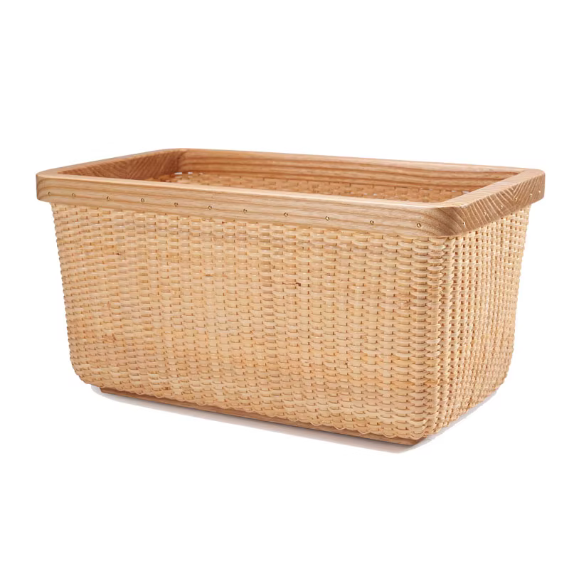 Boîte de rangement en rotin avec couvercle, panier recouvert de bois massif, organisateur en jonc de