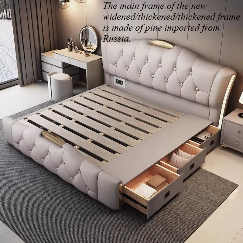Chevets modernes, lit double avec rangement, cadre unique, tête de lit capitonnée, Cama De Lujo Para