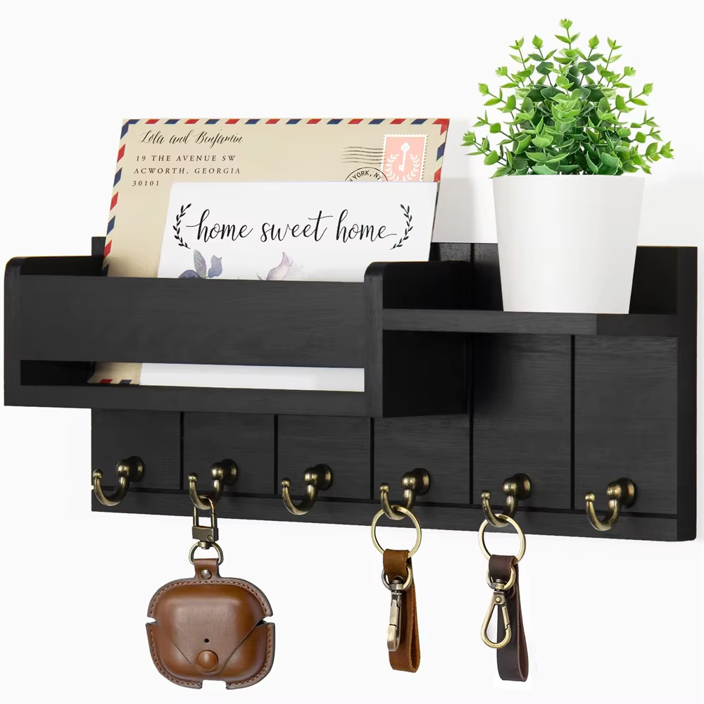 Décor d'entrée à la maison : étagère murale rustique en bois avec 6 crochets pour courrier et clés, 