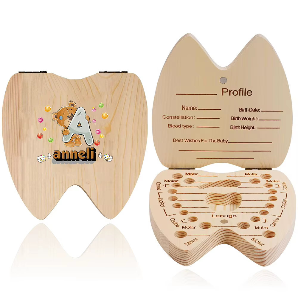 Boîte à dents en bois avec nom personnalisé, organisateur, économiseur de dents, stockage de mémoire