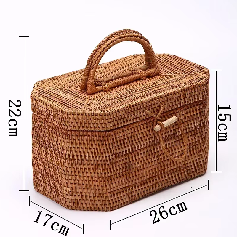Boîte de rangement en rotin tressé à la main avec poignée, boîte à ornements en osier, conteneur pou
