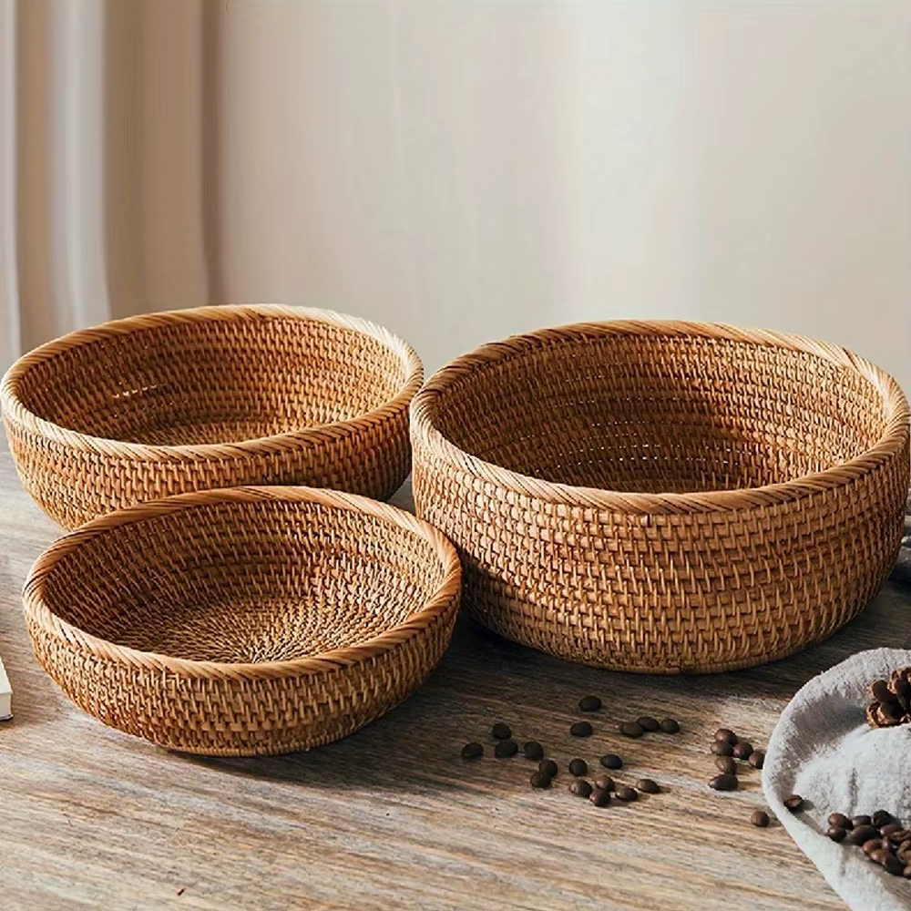 Ensemble de paniers en osier tissés à la main – Paniers de rangement ronds en paille naturelle pour 