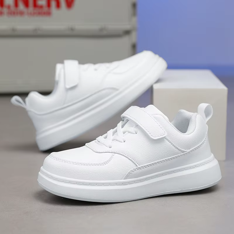 Chaussures de dehors Noires pour Enfant, Plates en Cuir, Blanches, Légères, Tennis, pour Garçon et F