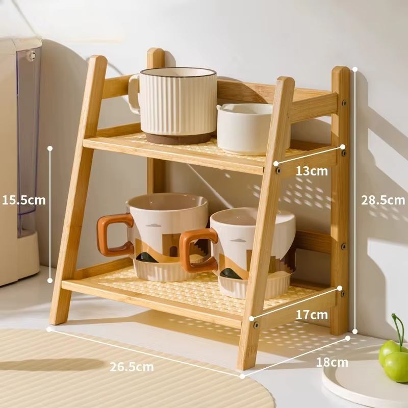 Étagère de rangement rétro en bambou à 2 niveaux, organisateur de comptoir, étagère de cuisine stabl