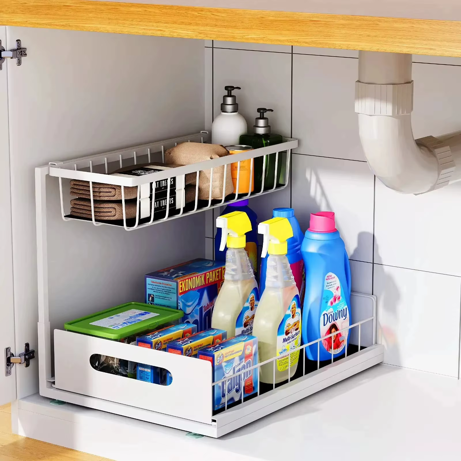 Sous l'évier 2 niveaux armoire coulissante panier organisateur tiroir retirer armoire multi-usages é