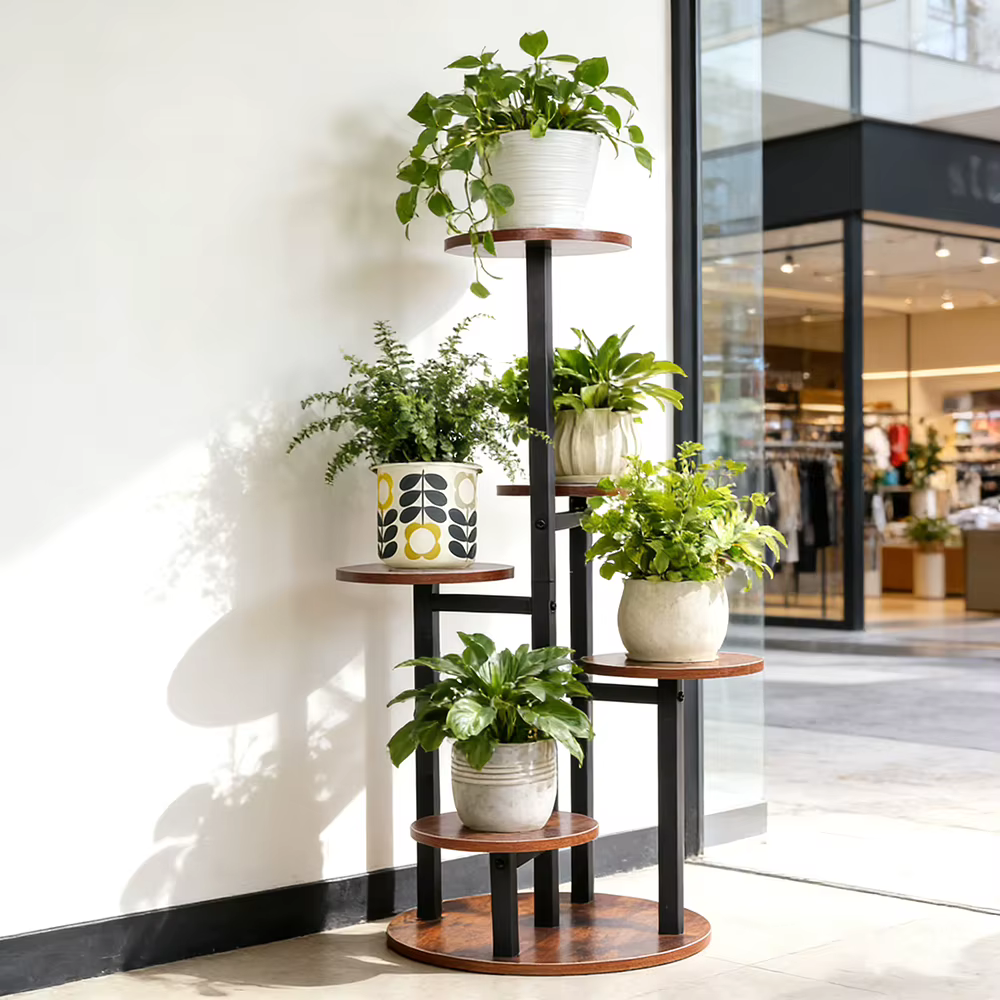 Support à plantes rustique à 5 niveaux en bois et métal - Étagère à fleurs multi-niveaux pour intéri