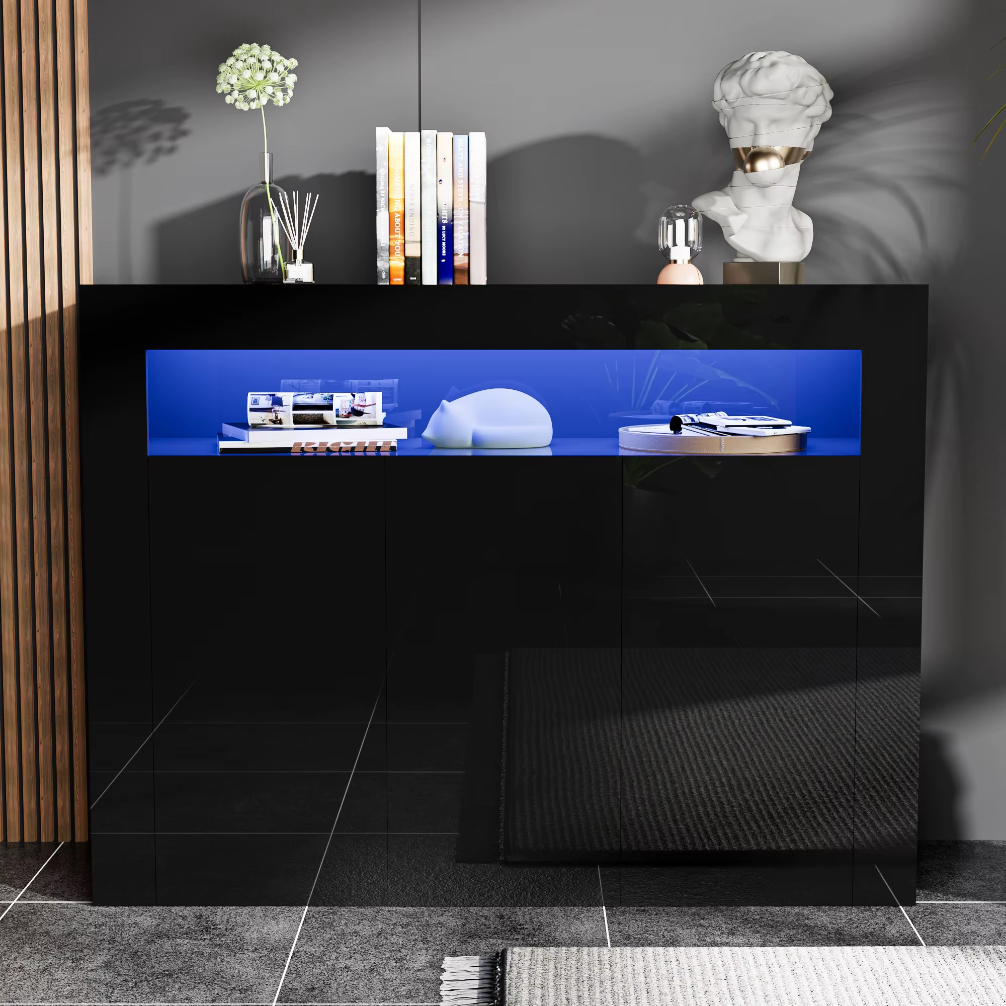 Armoire de rangement moderne avec lumières LED, buffet haute brillance, étagère réglable, 3 portes